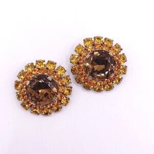 Vintage Yellow Topaz Tone Austrian Crystals Large Clip On Earrings Midcentury